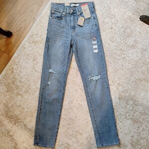NWT 27 4 Tall Levi's 724 High Rise Slim Straight Distressed Denim Blue Jeans NEW